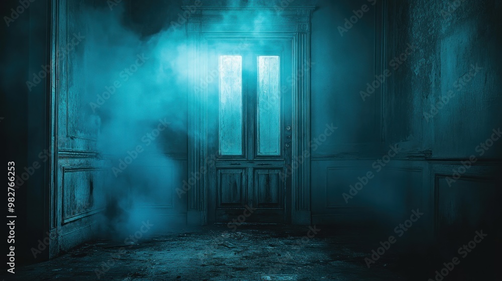 Poster A mysterious, dimly lit room featuring a foggy door, evoking suspense and intrigue.