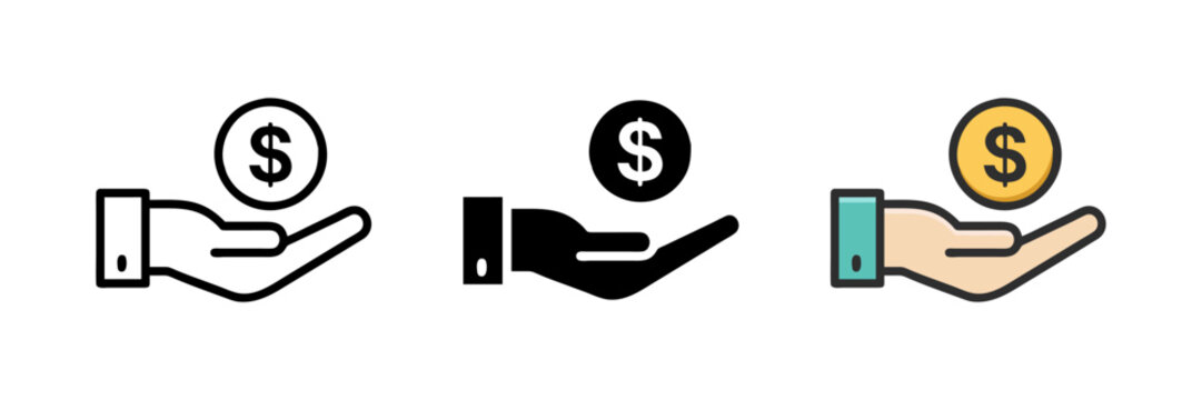 Cash back icon set. Hand hold coin