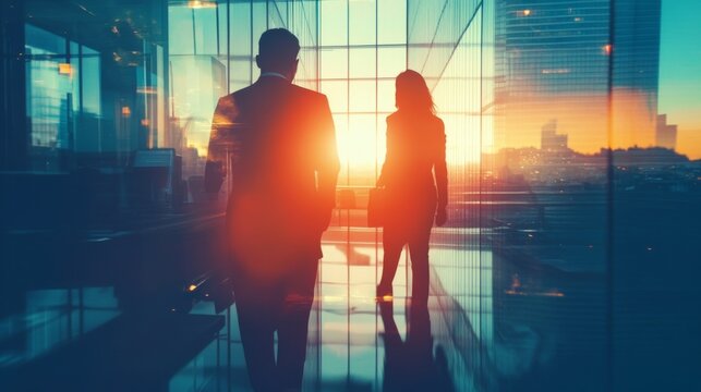 Silhouette of business people work together in office. Concept of teamwork and partnership. double exposure with light effects