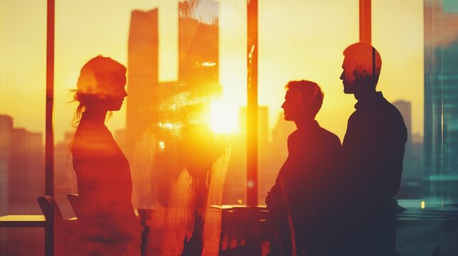 Silhouette of business people work together in office. Concept of teamwork and partnership. double exposure with light effects