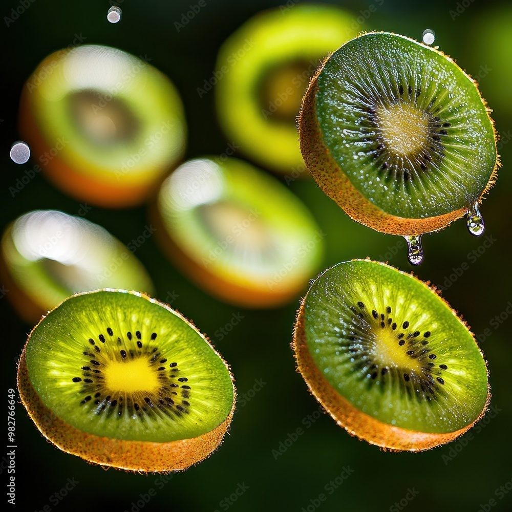 Wall mural Slices of kiwi floating against a blurred background, showcasing vibrant colors and textures.