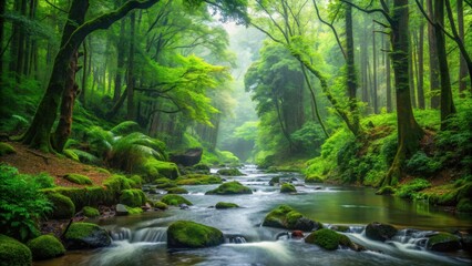 Obraz premium Lush forest in the rain with a flowing stream, rain, forest, stream, nature, water, trees, green, wet, foliage