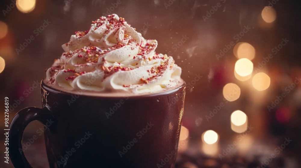 Wall mural A cozy cup of hot chocolate topped with whipped cream and festive sprinkles.