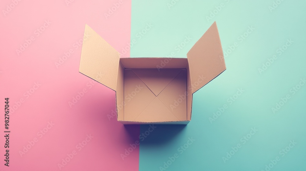Poster An empty cardboard box with open flaps on a split pastel background.