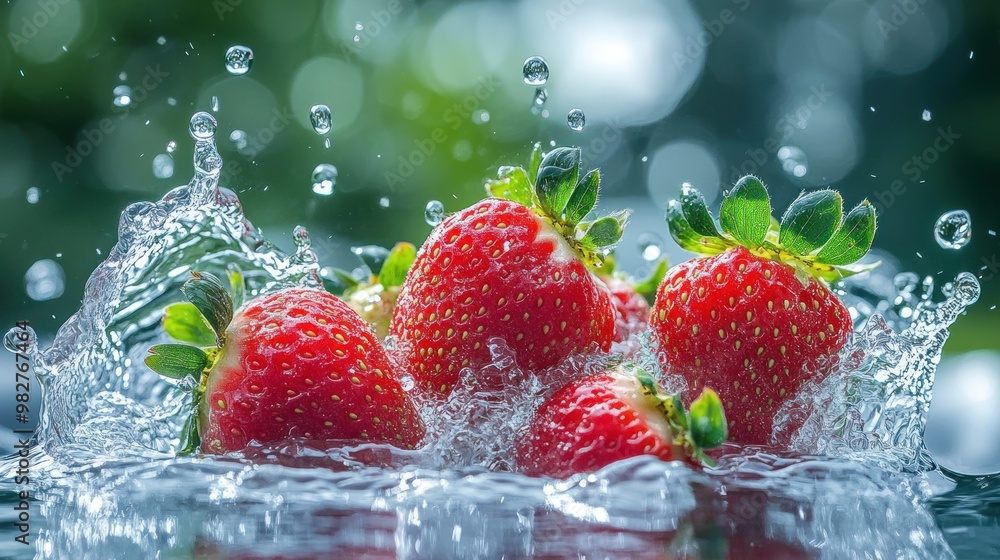 Poster Fresh strawberries splashing in water, creating a vibrant and refreshing scene.