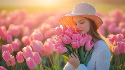 Smiling woman holding a bouquet of pink tulips in a field of green flowers