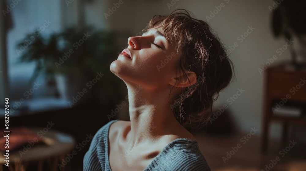 Wall mural A serene woman enjoying a moment of tranquility in soft, natural light.