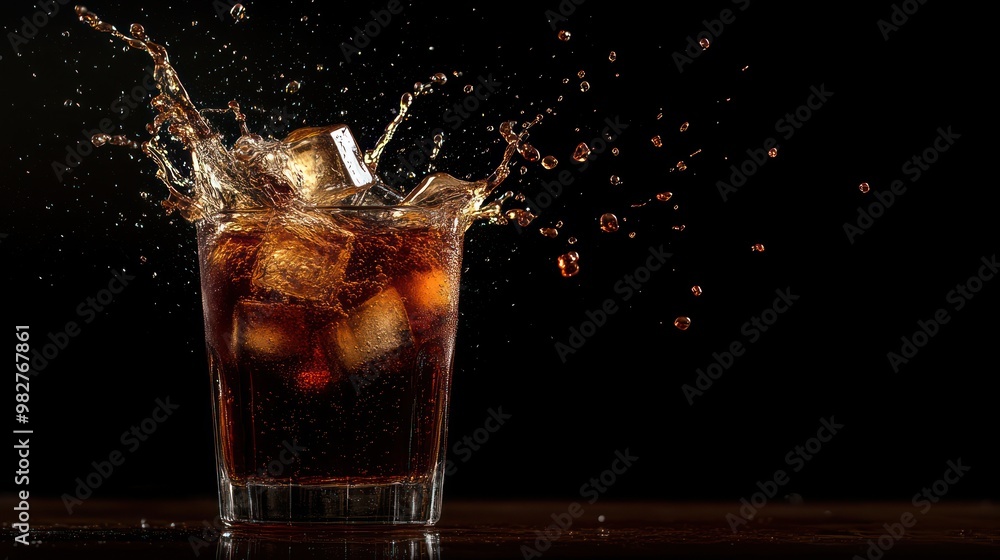 Wall mural A glass of cola with ice splashing against a dark background.