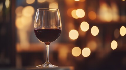 A glass of red wine against a blurred, warm-lit background.