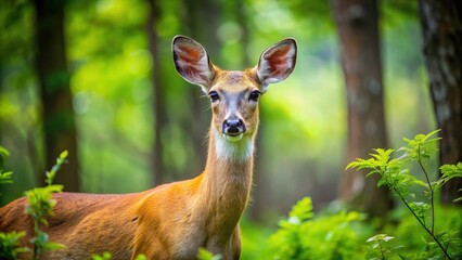Fototapeta premium Close-up photo of a graceful deer in a green forest habitat, wildlife, deer, forest, nature, mammal, wilderness, animal