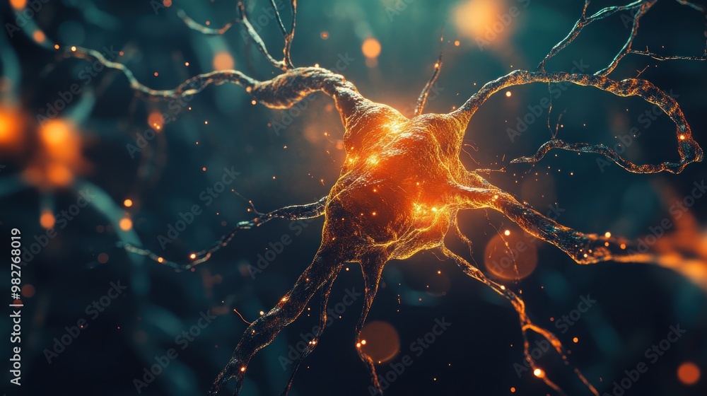 Poster a close-up view of a neuron with glowing connections, illustrating neural activity.