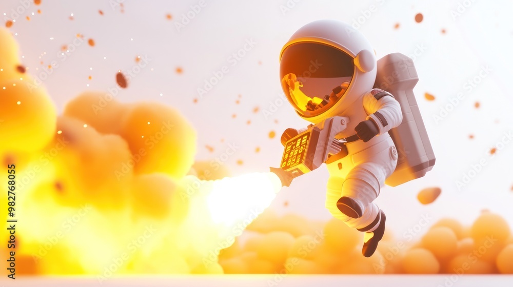 Poster an astronaut navigating through an explosion with a jetpack in a dynamic, colorful scene.