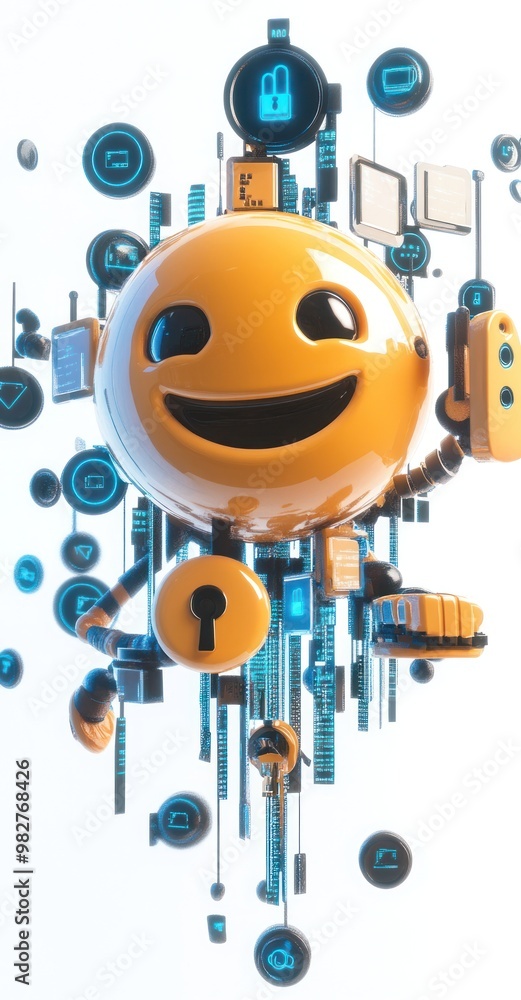 Poster a cheerful robot character surrounded by digital elements, symbolizing technology and security.