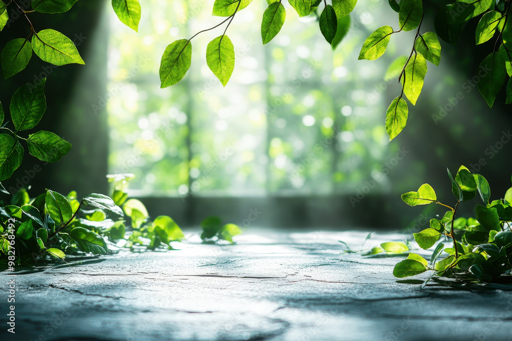 Poster sunlit sanctuary: empty stone table awaits in a verdant window frame