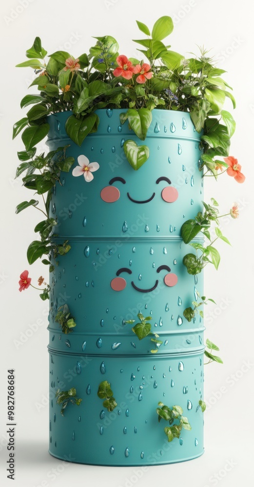 Poster A cheerful, stacked planter with smiling faces, adorned with vibrant green plants and flowers.