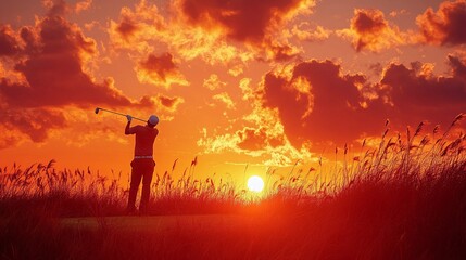 Fototapeta premium experience the joy of golf as a golfer hits a ball at sunset, surrounded by the natural beauty of the landscape and course