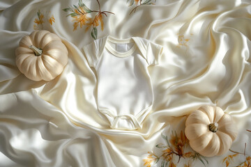 Modern cream baby onesie on satin fabric with two beige pumpkins with copy space, minimalistic fall baby pregnancy announcement