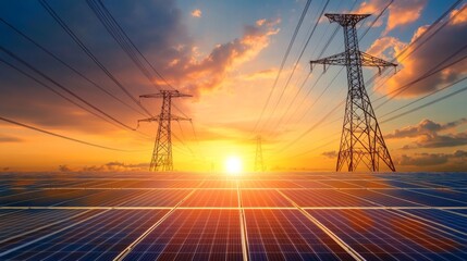 Fototapeta na wymiar Solar panels with electricity pylon and sunset. Clean energy concept. power alternative