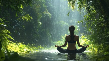 a woman embodies peace as she practices yoga meditation in a serene forest, surrounded by the rejuvenating energy of nature