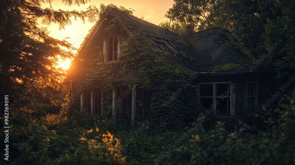 Canvas Prints An overgrown, abandoned house at sunset, enveloped in nature's reclaiming embrace.