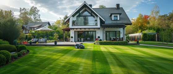 Traditional wooden old house of white color with glass terrace and veranda. Robot lawn mower. Well cut lawn. Landscaping garden design. Black tiled roof.
