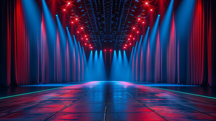 Illuminated Runway with Red and Blue Stage Lights in a Dramatic Setting..
