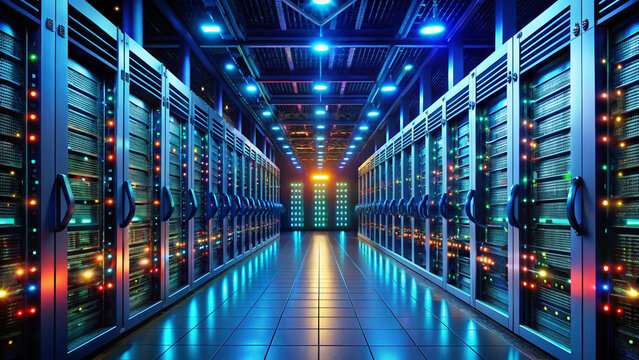 Row of humming servers and blinking lights create a futuristic data center background with racks of computer equipment and cable clutter in a dark room.
