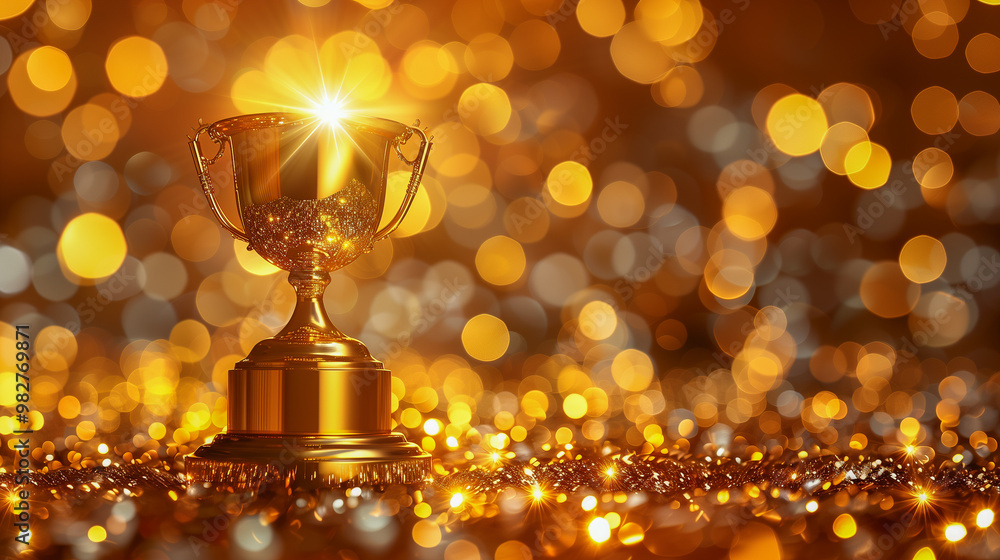 Poster golden trophy shining bright with sparkling bokeh background..