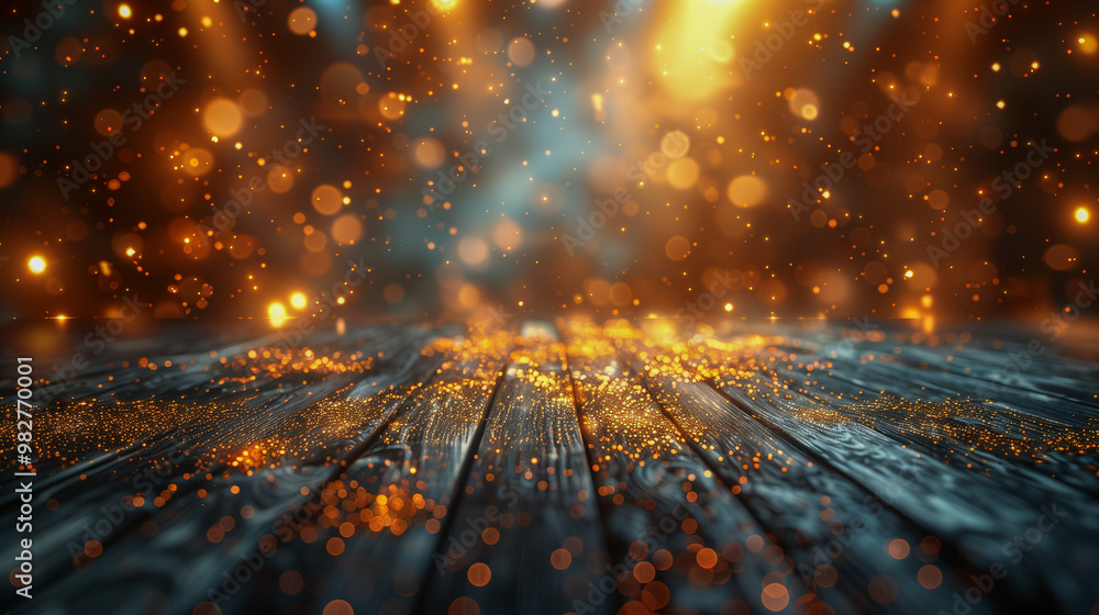 Poster wooden floor with sparkling orange glitter and bokeh lighting..