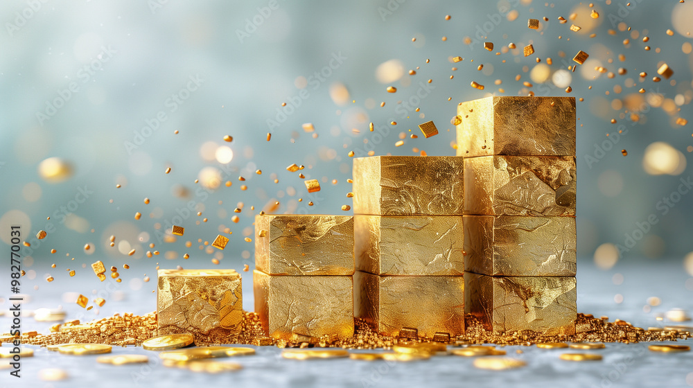 Poster stacked golden cubes with floating particles and glittering coins..