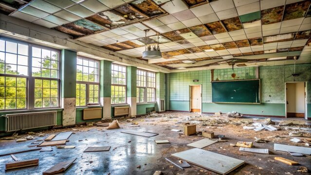 Neglected classroom with peeling paint, broken ceiling tiles, and scattered debris, abandoned, education, disrepair, interior