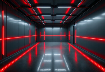 Fototapeta premium Modern interior, futuristic garage, tunnel illuminated by red neon light.