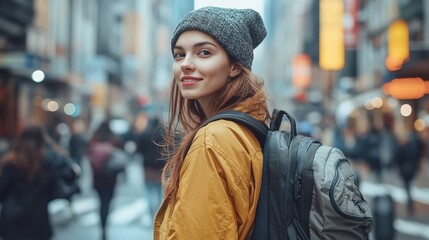 Fototapeta premium a fashionable young woman with a backpack walking in the bustling city, highlighting the joy of urban exploration and street culture