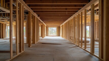 Interior view of a wooden-framed construction site with natural light entering.