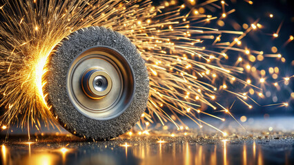 Close-up of a spinning polishing wheel with sparkles and metal shavings swirling around its abrasive surface, illuminated by a bright studio light.