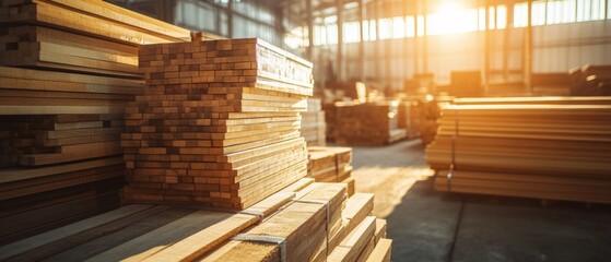 Obraz premium Stacks of wooden planks neatly arranged in a sunlit warehouse, showcasing their rich textures and colors. The sunlight streaming through the windows adds warmth and highlights the natural beauty