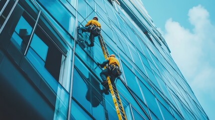 Fototapeta premium Two workers cleaning windows on a high-rise building using a ladder.