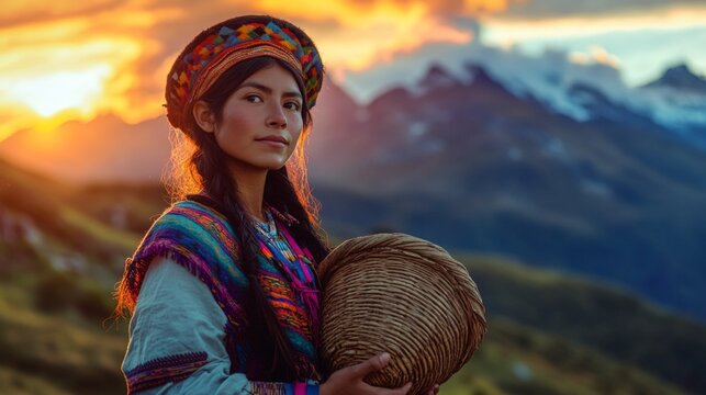 Elegant Chilean woman in Mapuche attire, holding a woven basket, standing in front of the Andes mountains with vibrant sunset hues. Close-Up Half body Cultural Portrait and Graphic Surrealism