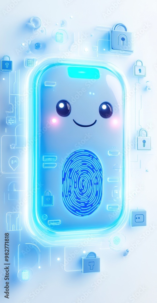 Poster a friendly smartphone with a smiling face and fingerprint scanner, surrounded by security icons.
