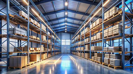 Warehouse interior with rows of metal shelving units stocked with cardboard boxes, crates, and industrial supplies under fluorescent lighting and concrete floor.