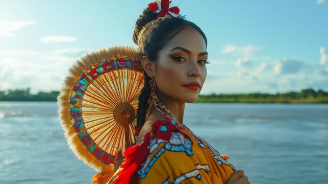 Elegant Paraguayan woman in a traditional Nanduti dress, holding a ceremonial fan, standing against the backdrop of the Parana River. Close-Up Half body Cultural Portrait and Graphic Surrealism