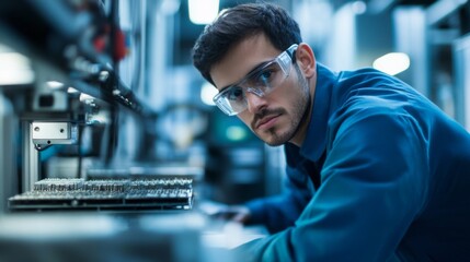 Fototapeta premium Technician wearing safety glasses working on electronics manufacturing plant