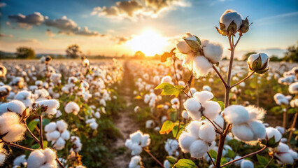 Natural fibers of organic cotton plants swaying gently in the wind, highlighting the eco-friendly and sustainable farming practices in a serene rural landscape.