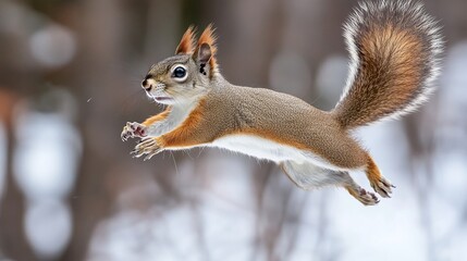 Fototapeta premium an entertaining scene featuring a squirrel's agile display of acrobatics, highlighting its playful antics and dynamic movements