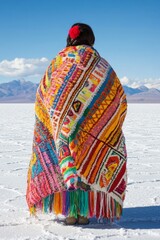 Close-Up Half body of a Bolivian Cholita, holding a brightly woven blanket, with the Uyuni Salt Flats shimmering under the sky. Cultural Portrait and Graphic Surrealism