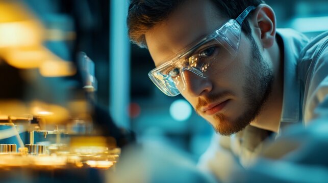 Technician wearing safety glasses working on electronics manufacturing plant - Powered by Adobe