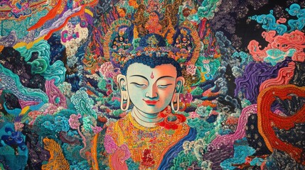 Fototapeta premium Himalayan art showcasing traditional Tibetan motifs and symbols, with a Buddha figure central to the composition, vibrant colors