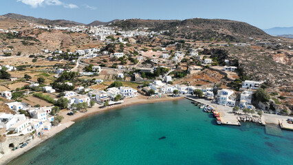 Aerial drone photo small port of Psathi untouched by tourism built below picturesque hora of...
