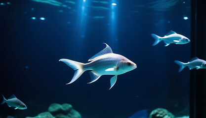 Fototapeta premium big fishes swim deep dark blue aquarium water