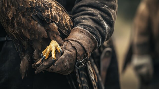 Close-up of a hunter hand holding the jesses of a golden eagle, with focus on the textures of leather and feathers
